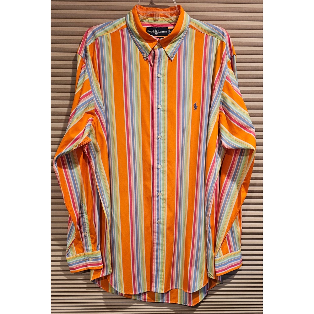 Ralph Lauren Mens XL 17 Multi Color Striped Button Down Shirt Classic Fit Orange